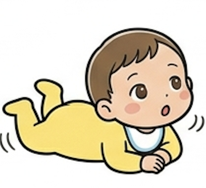赤ちゃん：寝返り成功してうつ伏せ